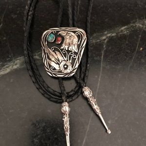 Vintage Western Eagle SSI USA Bolo Tie Silver Tone Genuine Turquoise Red & Coral